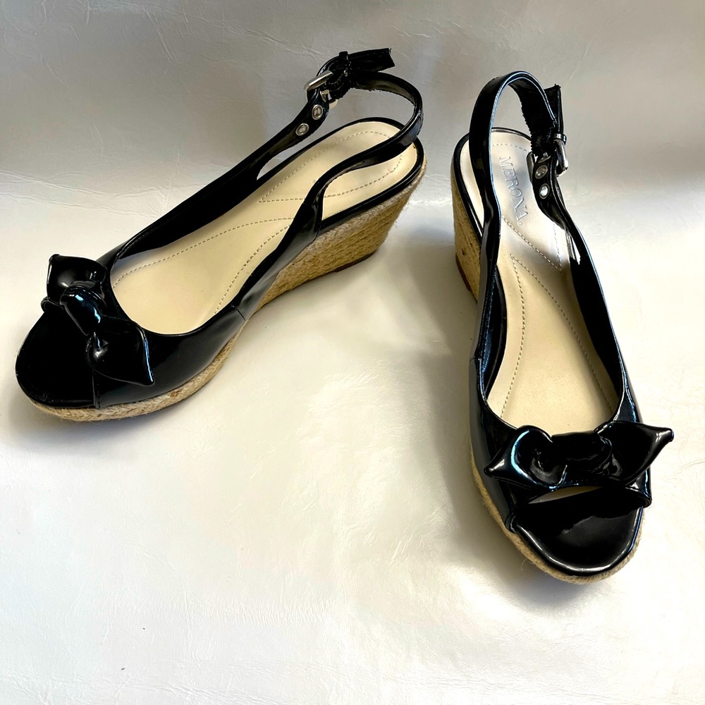 New black patent faux leather peep toe wedge